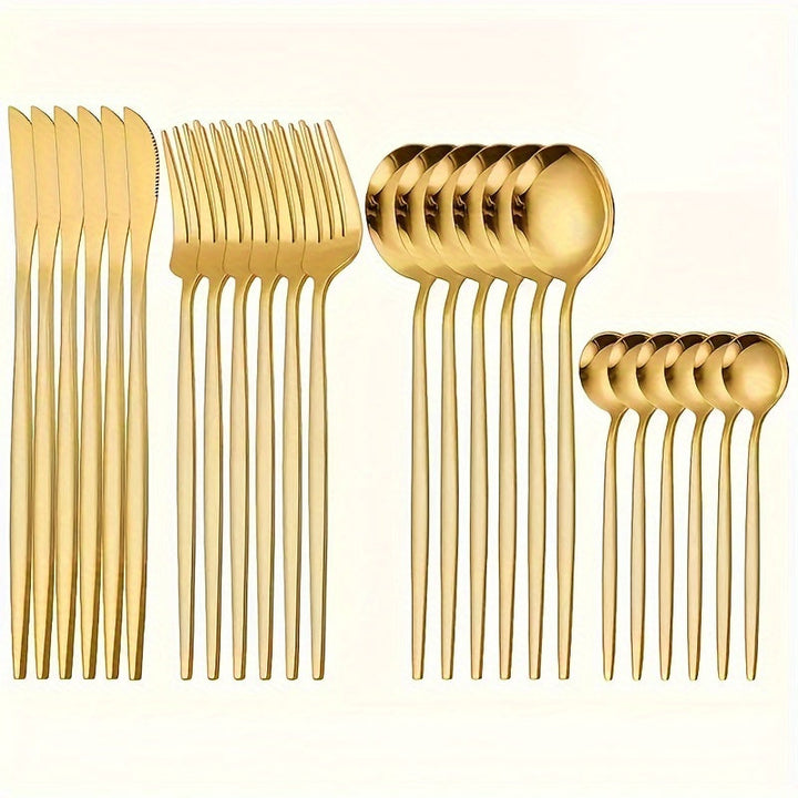 8/24 piezas, juego de vajilla dorada elegante, incluye cuchillos para bistec, tenedores para ensalada, cucharas para cena y cucharas para postre, acero inoxidable pulido al espejo, duradero y apto para lavavajillas, adecuado para uso festivo.