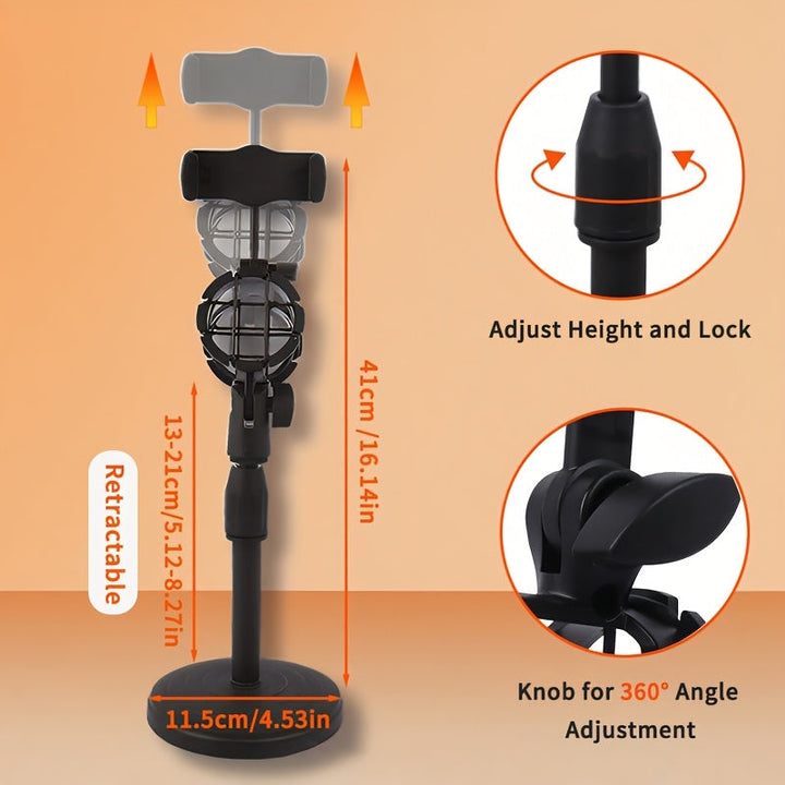 Soporte de teléfono con micrófono de ajuste de altura pesado con 2 en 1 función dual, diseño ergonómico resistente a los golpes y montaje portátil para coche - Manos libres para transmisión en vivo, podcasting, grabación de voz, grabación sin manos, cons