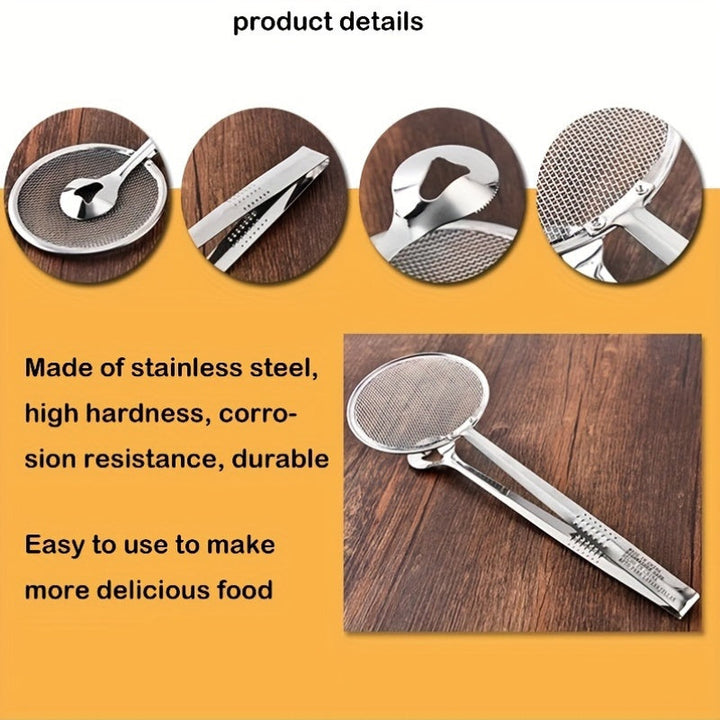 Juego de 2 piezas de pinzas de freír de acero inoxidable y colador, resistente al calor, diseño plegable de goteo de aceite para alimentos fritos más saludables, herramienta de cocina multiusos
