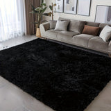 Alfombra de pelo largo negro de lujo - Ultra suave, peluche grueso de piel sintética, respaldo antideslizante, ideal para sala, dormitorio y decoración del hogar, alfombras para sala