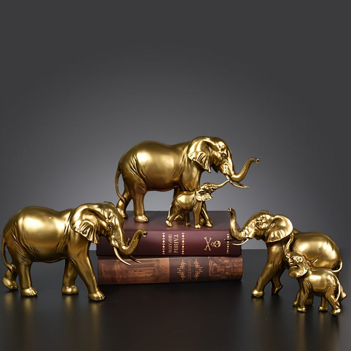 Figura de Elefante Dorado de Madre y Crías - Decoración de Resina para Sala de Estar, Entrada, Estantería - Regalo Perfecto para Acción de Gracias