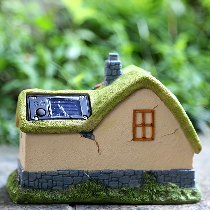 1pc Resina con acabado de encáustica, luz solar para casa de jardín de hadas, lámpara de estatua decorativa para exteriores con sensor de luz, control de botón, batería de níquel de 600 mAh, sin control remoto - Cabaña verde