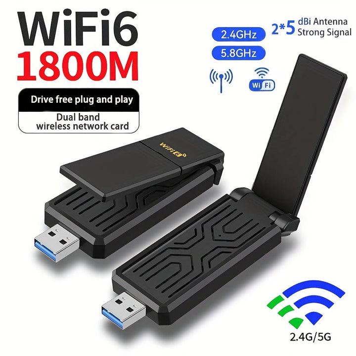 Adaptador sin varillas WiFi 6 USB 3.0 de 1800Mbps, Compatible con PC y Portátil, Adaptador USB WiFi 802.11ax con Tecnología Super USB 3.0 y Seguridad WPA3, Antena Dual de Alta Ganancia 5Dbi, Banda Dual 5.8G/2.4G, Receptor/Transmisor WiFi, Solo Compatible