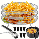 Juego de 10 Piezas de Estante Elevado para Deshidratador de Acero Inoxidable con Pinzas, Accesorios Apilables Reutilizables para Freidoras de Aire Redondos de 4.2QT-5.8QT, Accesorios Lavables para Hornear en la Air Fryer