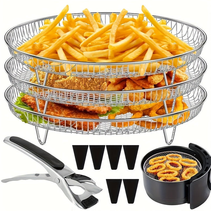 Juego de 10 Piezas de Estante Elevado para Deshidratador de Acero Inoxidable con Pinzas, Accesorios Apilables Reutilizables para Freidoras de Aire Redondos de 4.2QT-5.8QT, Accesorios Lavables para Hornear en la Air Fryer