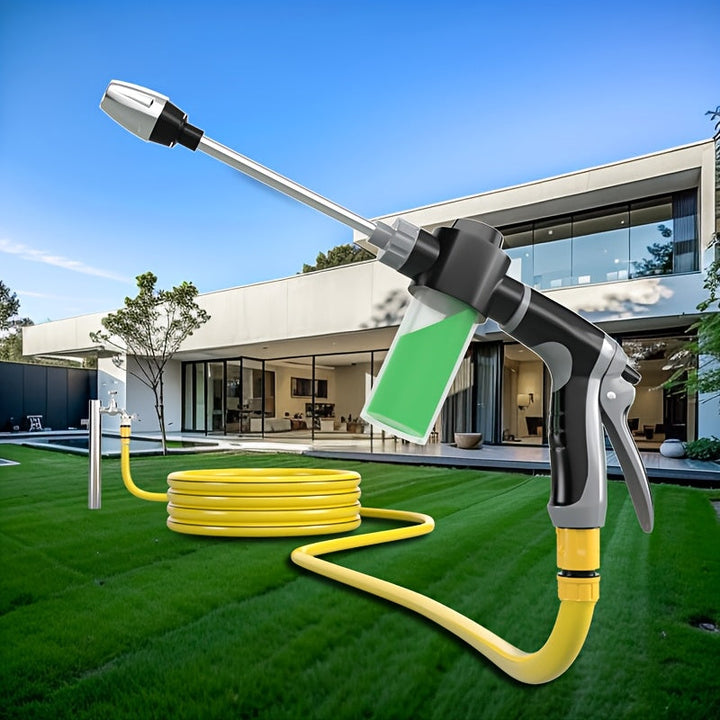 Pistola de agua de alta presión con cañón largo de metal mejorada, conexión rápida de 3/4" y 1/2", rociador de espuma para lavado de autos con boquilla ajustable, ideal para limpieza de vehículos, aseo de mascotas y riego de jardines al aire libre