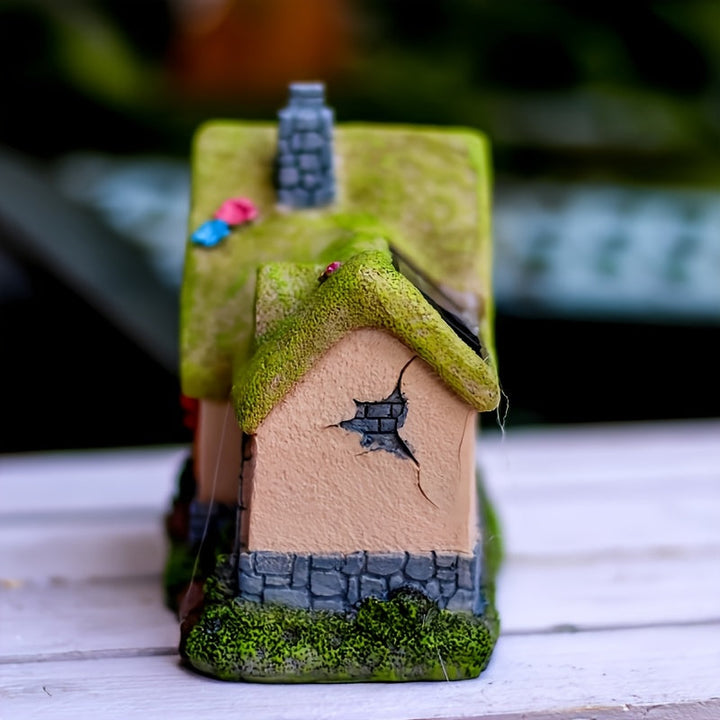 1pc Resina con acabado de encáustica, luz solar para casa de jardín de hadas, lámpara de estatua decorativa para exteriores con sensor de luz, control de botón, batería de níquel de 600 mAh, sin control remoto - Cabaña verde