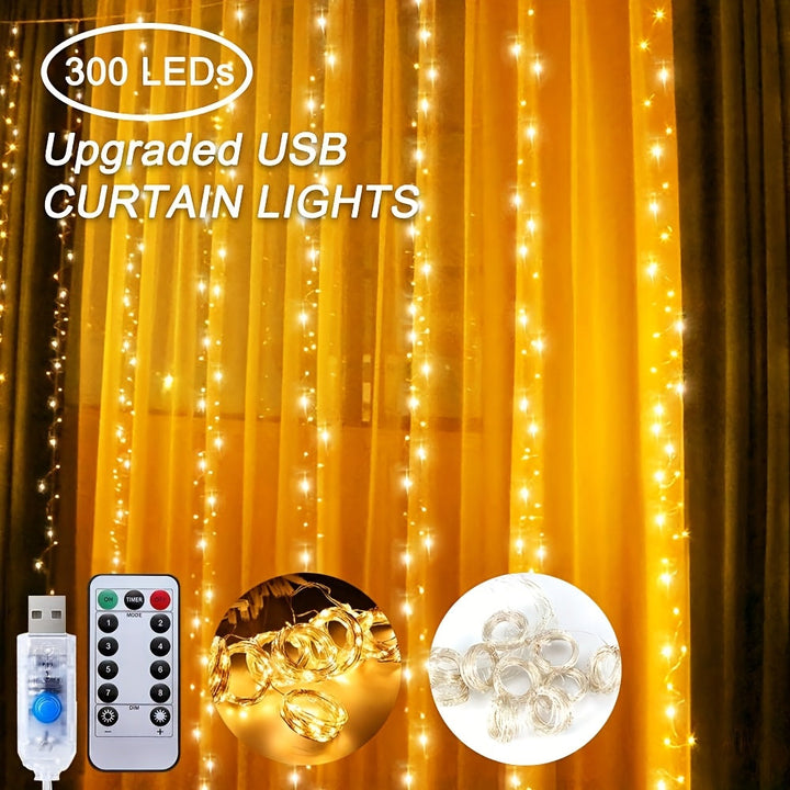 Luzes de hadas USB de 8 modos, incluyendo control remoto, luz blanca cálida y acogedora, y luz blanca pura brillante. Perfectas para celebraciones de vacaciones, bodas soñadoras, iluminación de hogar y escenario. No incluye cortinas.