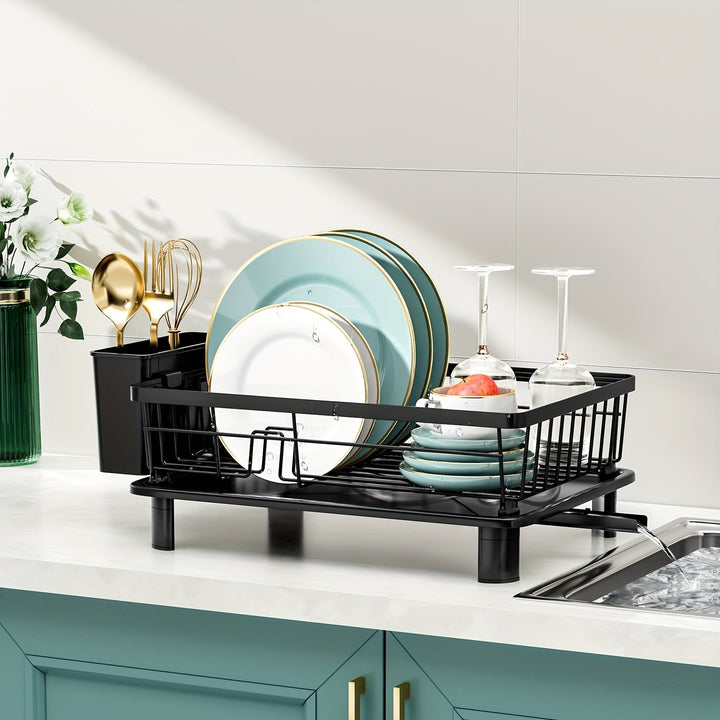 Organizador de cocina multifuncional con escurridor de platos, bandeja de drenaje y porta utensilios - Secador de platos para cubiertos, cuchillos, tenedores y palillos, ahorra espacio en la encimera