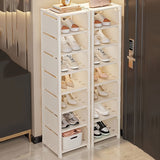 Organizador de zapatos blanco de varios niveles, diseño vertical ahorrador de espacio, compartimientos abiertos, fácil de armar, ideal para entrada, sala, habitación o cocina, estante blanco moderno, barras de soporte metálicas, práctico y funcional