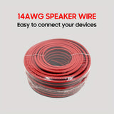 Un rollo de cable de altavoz de 14AWG de doble color rojo y negro, adecuado para sistemas de sonido estéreo, altavoces de cine en casa, sonido envolvente y radios (Nota: Este no es un cable de alimentación y no debe usarse para conexiones de alimentación