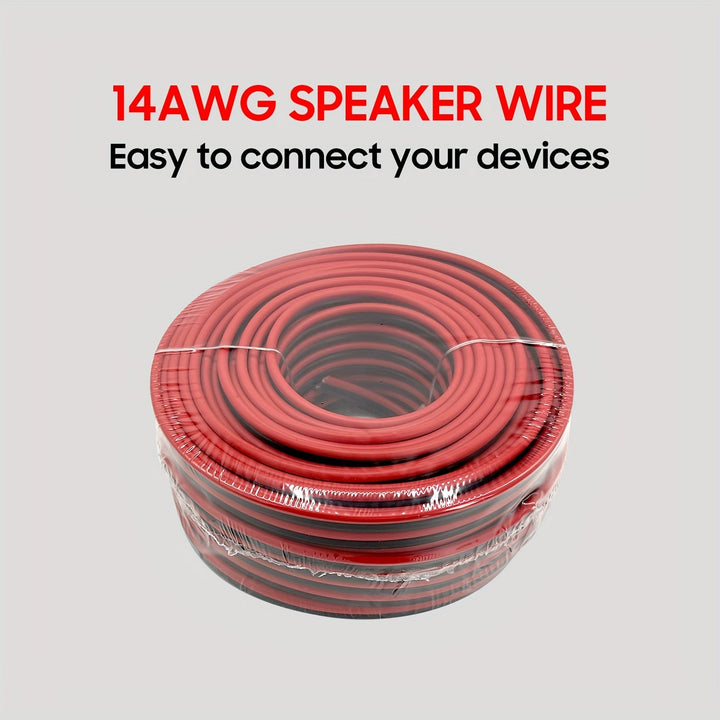 Un rollo de cable de altavoz de 14AWG de doble color rojo y negro, adecuado para sistemas de sonido estéreo, altavoces de cine en casa, sonido envolvente y radios (Nota: Este no es un cable de alimentación y no debe usarse para conexiones de alimentación