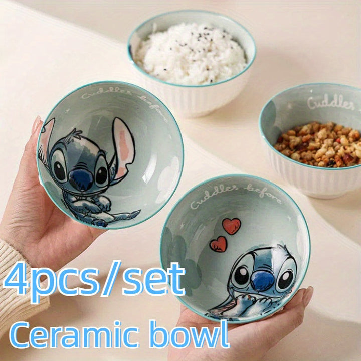 4 piezas de tazas de arroz de cerámica Stitch 11,8 onzas, tazón pequeño de fideos, regalo, tazones de servicio de vajilla de cocina con diseño para cereales, sopas, postres, snacks, frutas, ensaladas