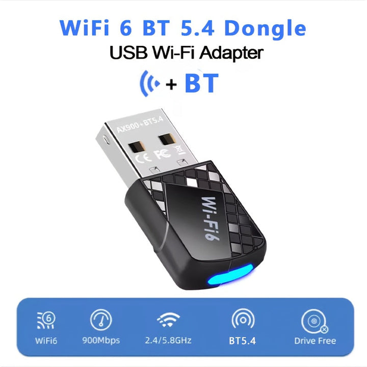 Adaptador WiFi6 Dual Band AX900Mbps 2 en 1 con BT5.4 2.4G/5G - Tarjeta de red inalámbrica de alta velocidad 02.11ax para portátiles y escritorios Mac, Plug and Play, sin controlador requerido, diseño compacto, adaptador inalámbrico duradero, conectividad