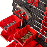 Estante organizador de herramientas montado en pared, resistente - Rack de almacenamiento multicompartimento con estantes plásticos rojos y negros, tableros colgantes y ganchos para garaje, taller - Organización de taller duradera y ahorradora de espacio