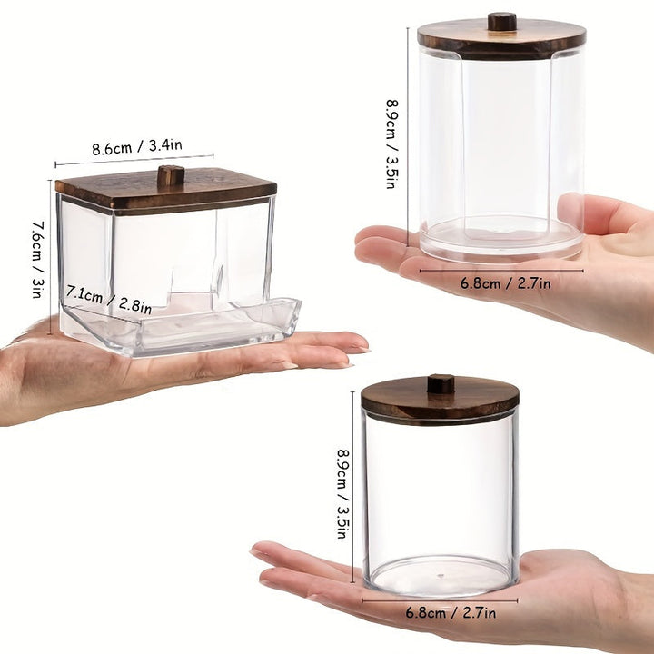 4-Pack Frascos de Boticario de Plástico con Tapas de Madera, 10/7oz Dispensador de Qtip para Baño, Contenedores de Baño para Hilo Dental, Bolas, Hisopos, Almohadillas Redondas