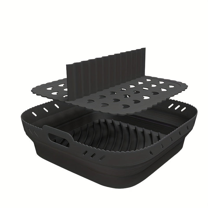 Conjunto de 2 piezas de Bandeja de Silicona para Freidora de Aire de Alta Calidad, 21.59 cm Cuadrada, Resistente al Calor, Fácil de Limpiar, Lavable en Platos, Negro/Gris