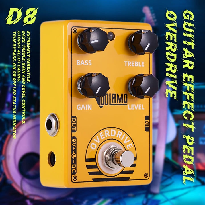 DOLAMO 1 unidad Pedal de efectos de guitarra Overdrive - Amarillo brillante y negro, aumento de bajo dual, distorsión, aumento de volumen, bucle de efectos y perillas de control, construcción metálica/ensamblada para músicos en vivo, pedal de guitarra, p