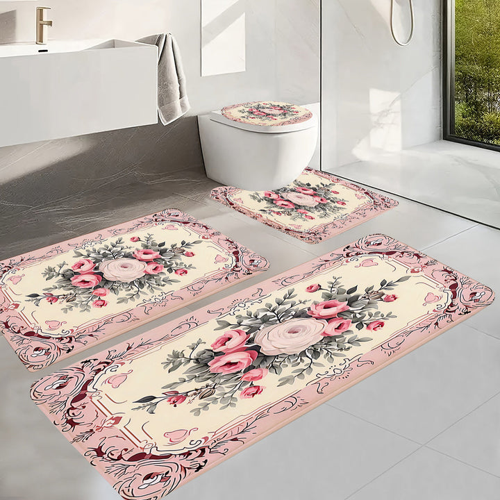 Juego de 4 Alfombrillas de Baño con Estampado de Rosas Rosas - Antideslizantes, de Franela Suave, Alfombrillas Cómodas con Diseño Floral Intrincado para Decoración del Hogar, Decoración de Baño y Accesorios