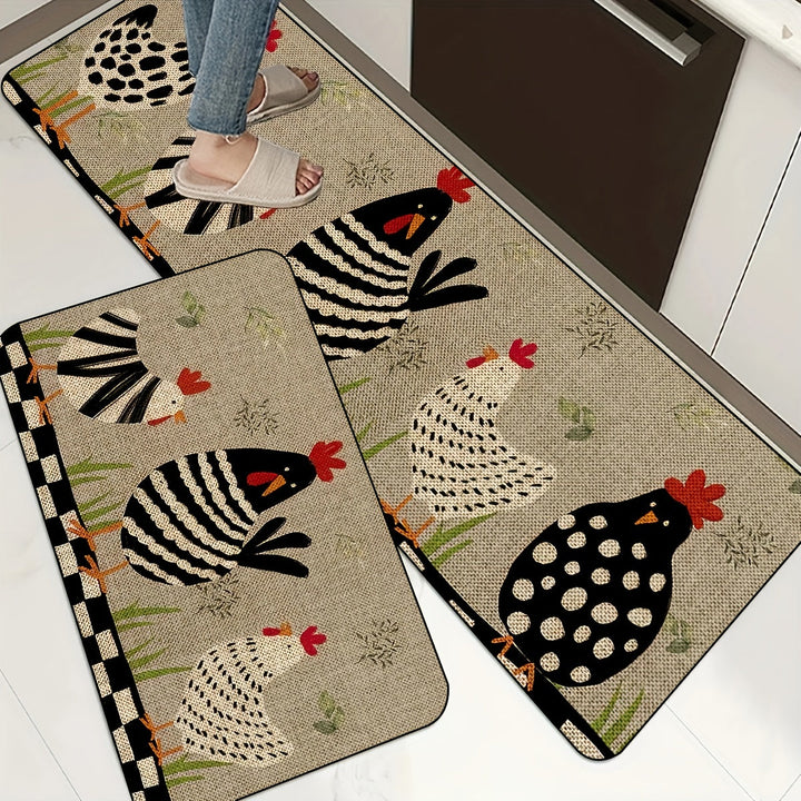 1pc Alfombra de Cocina Rústica de Secado Rápido con Estampado de Pollo 3D – Antideslizante, Poliéster Duradero para Decoración del Hogar, Baño y Uso Interior, Alfombra de Suelo de Cocina