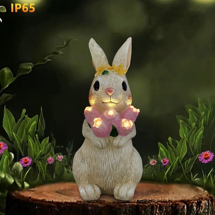 Escultura de Conejo Solar con Luz - Impermeable, Artesanía de Resina con Corona de Flores Rosas para Jardín, Patio y Decoración de Césped - Ideal para el Día de la Madre, Navidad, Acción de Gracias, Regalos de Pascua, Accesorios de Conejo