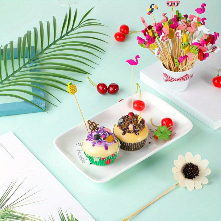 100/200 unidades Accesorios de bebidas de cóctel de bambú, piña de playa Tucán hoja de palma hecha a mano, con sombrilla de bambú para pinchos de cóctel, para aperitivos, fiestas hawaianas, bodas y cumpleaños