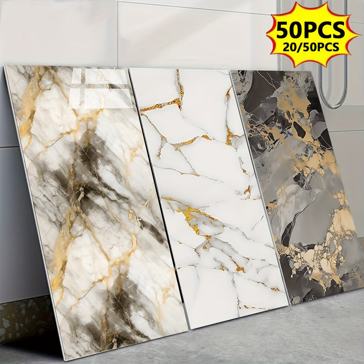 20/50 piezas de baldosas de pared de espuma autoadhesivas con patrón de mármol, impermeables, a prueba de aceite, fáciles de pelar y pegar, para decoración de baño, sala de estar, dormitorio, renovación de tienda, 23,62" x 11,81", papel tapiz de baño
