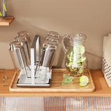 Soporte para botella de agua de acero inoxidable de 6 ranuras con bandeja de goteo - Diseño moderno y elegante para el hogar y la oficina, sistema fácil de beber y fácil de limpiar, organizador minimalista para el baño