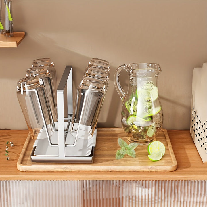 Soporte para botella de agua de acero inoxidable de 6 ranuras con bandeja de goteo - Diseño moderno y elegante para el hogar y la oficina, sistema fácil de beber y fácil de limpiar, organizador minimalista para el baño