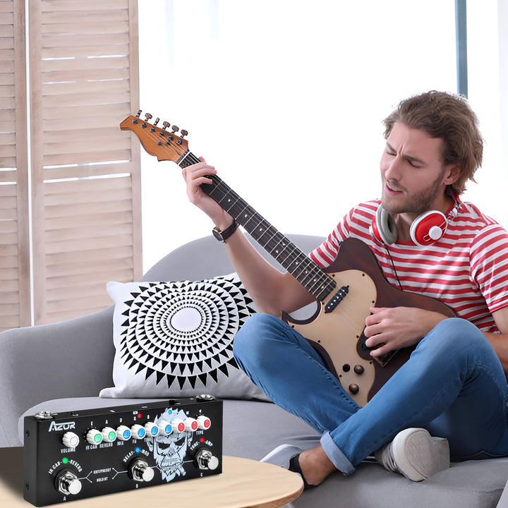 Pedal de Efectos Múltiples AZOR con 3 Preestablecidos, 8 Cámaras IR y 9 Modelos de Amplificador, Reverb, Retardo, Overdrive, Distorción y Afinador para Guitarras Eléctricas, Recargable