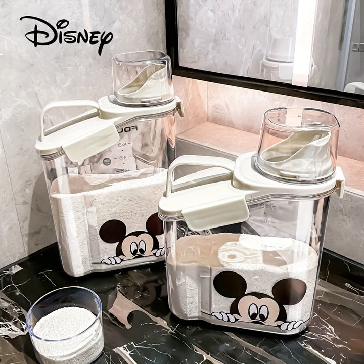 Contenedor de detergente para ropa con diseño de Mickey Mouse, 1 unidad, tapa medidora, gran capacidad, recipiente sellado para suministros de lavandería, cubeta de almacenamiento para ropa, diseño divertido, plástico duradero
