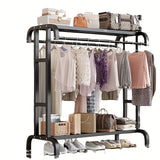 Perchero resistente con ruedas, estante de doble barra metálica negra robusto, perchero independiente con estantería y zapatero, ideal para colocar cajas, zapatos, botas, perfecto para dormitorios, hogares, oficinas, uso interior - , Secadores