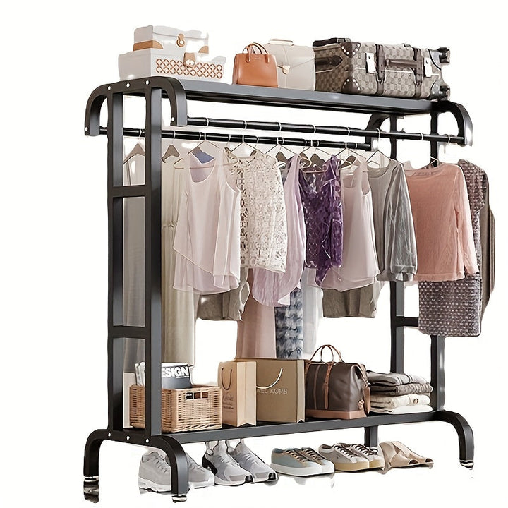 Perchero resistente con ruedas, estante de doble barra metálica negra robusto, perchero independiente con estantería y zapatero, ideal para colocar cajas, zapatos, botas, perfecto para dormitorios, hogares, oficinas, uso interior - , Secadores