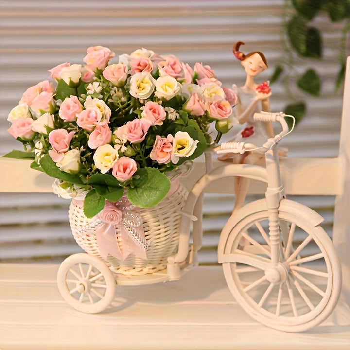 1 Macetero Elegante de Bicicleta Blanca con Cesta de Enredadera Rosa - Decoración Plástica Estilosa para Hogar, Ideal para Sala, Escritorio o Librería | Perfecto para Supermercados y Ramos, Adorno de Bicicleta