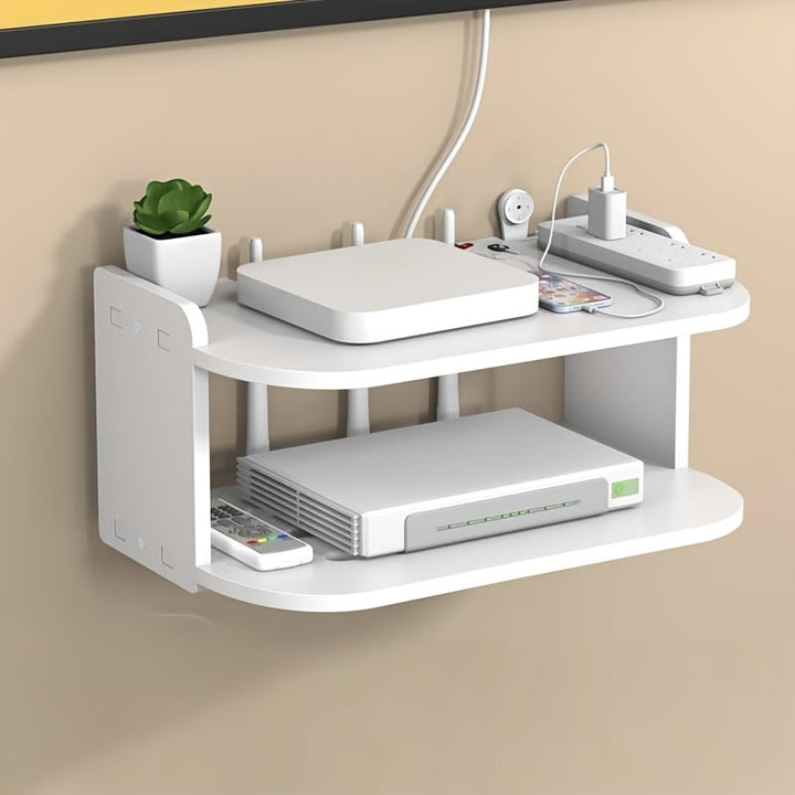 Organizador de pared de 2 niveles fácil de instalar, con gestión de cables, ideal para routers WiFi, decodificadores, etc. - No requiere taladro, 1 unidad