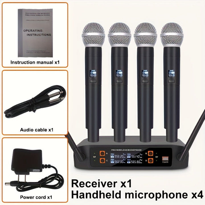 Sistema de micrófono inalámbrico profesional NXG - 4 micrófonos inalámbricos de mano, receptor portátil UHF, ideal para DJ, karaoke, actuaciones en escena, bodas y conferencias, con conector de 3,5 mm, material de resina ABS, equipo de actuación en escen