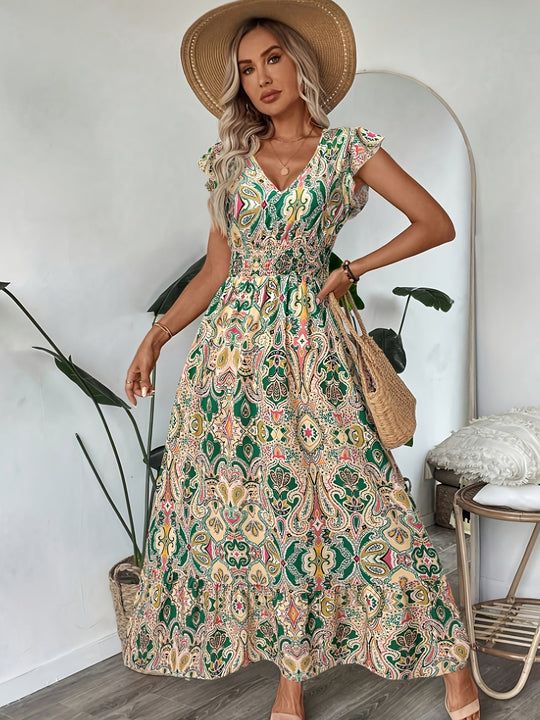 Vestido midi elegante para mujer con estampado floral, cuello en V, ajustado, mangas cortas y dobladillo con volantes - Lavable a máquina, vestido lápiz para todas las estaciones, ocasiones casuales o formales, estilo versátil y femenino, material durade