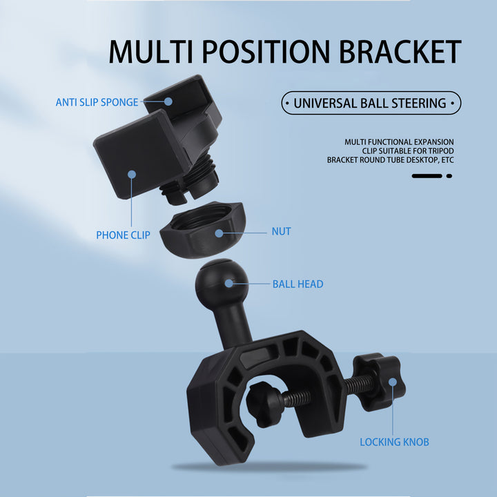 Sujeción de teléfono dual ajustable - Dispositivo de selfie flexible y estable para modo paisaje/retrato, soporte de teléfono móvil de plástico negro con múltiples clips, configuración de selfie | Soporte ajustable | Plástico duradero
