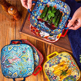 1 Juego de 4 Piezas de Platos Cuadrados Bohemios con Doble Asa. Platos Creativos de Cerámica, Versátiles para Frutas/Pastas. Diseño de 9 Pulgadas Seguro para Horno/Microondas. Asas Antideslizantes para Transporte Fácil, Elevando tu Ritual de Comida.