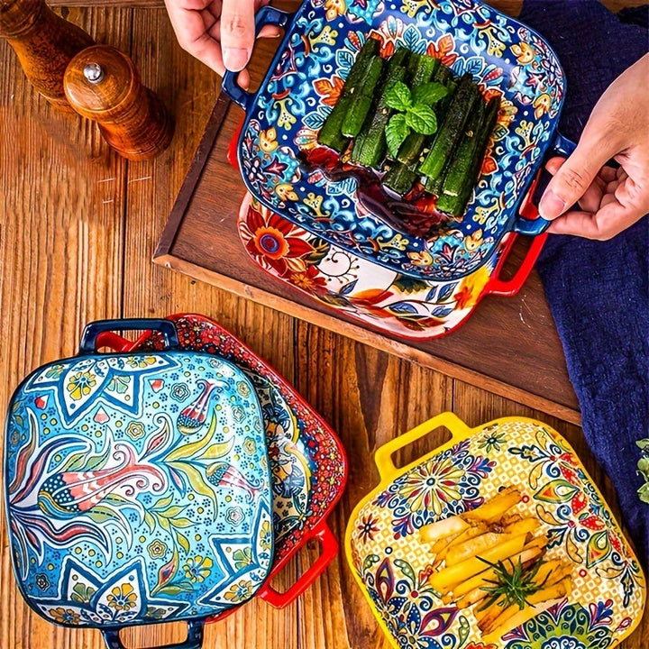 1 Juego de 4 Piezas de Platos Cuadrados Bohemios con Doble Asa. Platos Creativos de Cerámica, Versátiles para Frutas/Pastas. Diseño de 9 Pulgadas Seguro para Horno/Microondas. Asas Antideslizantes para Transporte Fácil, Elevando tu Ritual de Comida.
