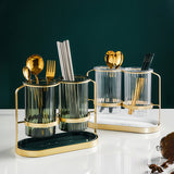 Porta Utensilios de Lujo Ligero | Soporte de Hierro + Bandeja Transparente PET para Cuchillos, Tenedores y Cucharas | Organizador de Encimera sin Taladro