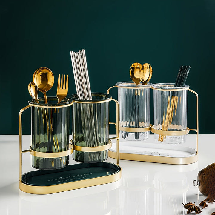 Porta Utensilios de Lujo Ligero | Soporte de Hierro + Bandeja Transparente PET para Cuchillos, Tenedores y Cucharas | Organizador de Encimera sin Taladro