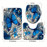 3 piezas, alfombrilla de baño con diseño de mariposa azul y piedra blanca, funda de asiento de inodoro y alfombrilla de pies en forma de U