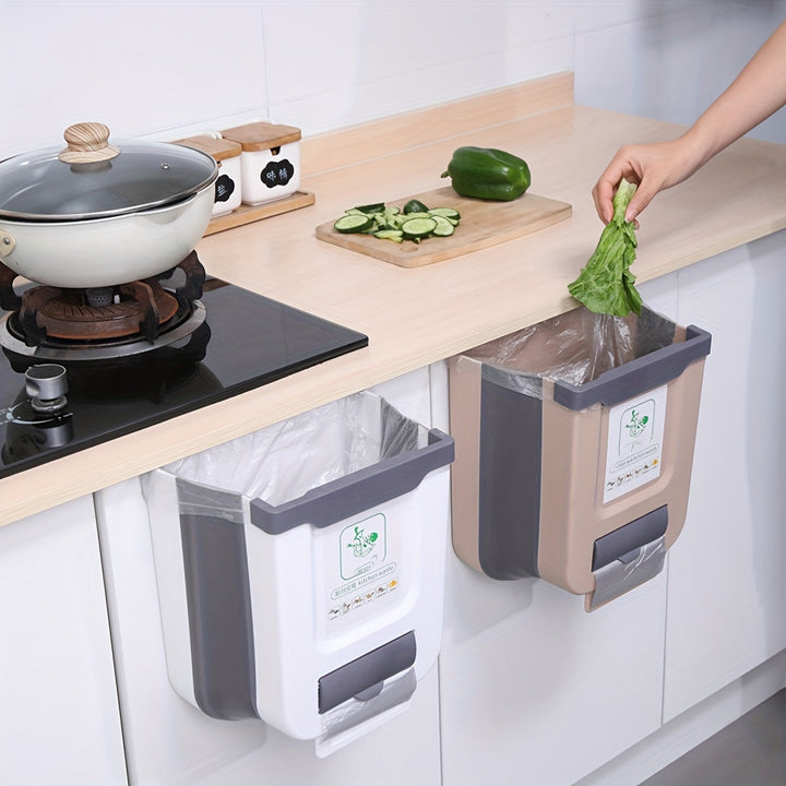 1pc Cubo de Basura Colgante Grande Plegable para Puertas de Armarios de Cocina - Ahorra Espacio, Cesta de Residuos Montada en la Pared en Blanco y Gris con Función de Clasificación Creativa, No Requiere Electricidad, Cubo de Basura para Puerta de Armario