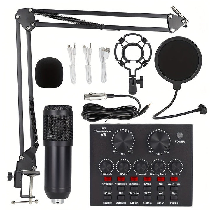 Kit de equipo para podcast, interfaz de audio V8 equipada con tarjeta de sonido multi en uno y micrófono condensador BM800, ideal para grabaciones y transmisiones en vivo