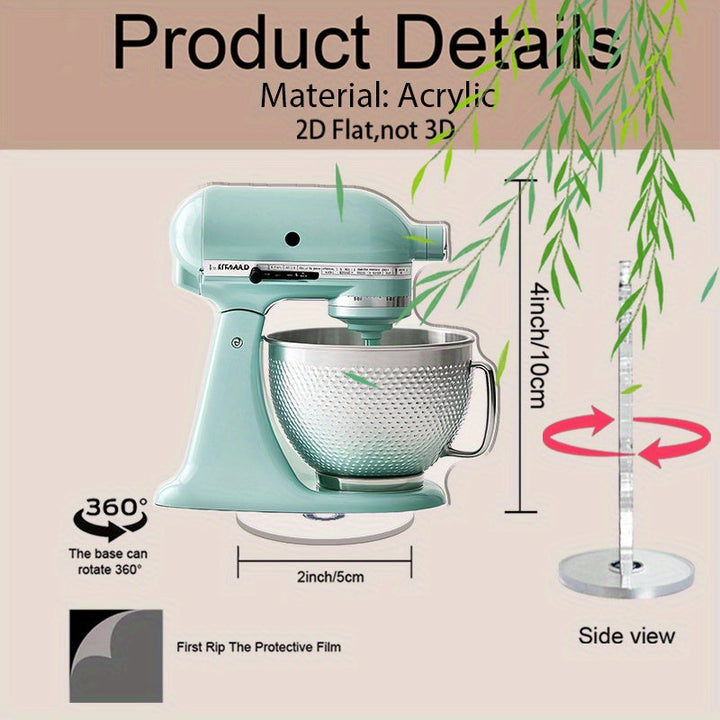 Mixer de pie de 2D plano de color turquesa con mango y tazón rayado - Placa de exhibición de acrílico 2D, soporte giratorio con base, decoración interior/exterior, mixer para cocina