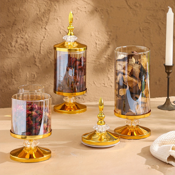 Tarros de Vidrio al Estilo Europeo con Detalles Dorados - Recipientes Herméticos Redondos para Té, Galletas y Especias - Decoración Versátil para Cocina y Sala, Ideal para Bodas y Fiestas