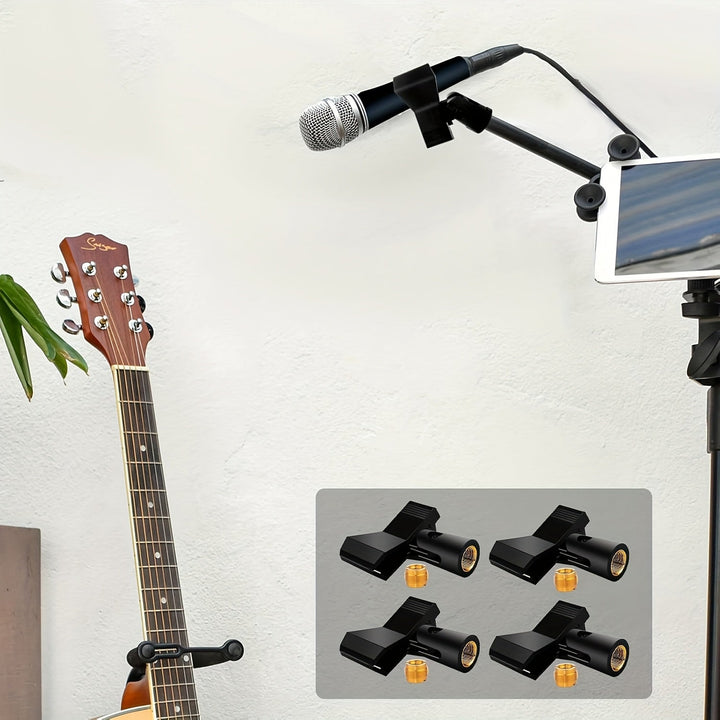 4 piezas de Clips Ajustables para Micrófonos en Soportes - Abrazadera Segura con Adaptador de 5/8" a 3/8", Perilla Ajustable de 180°, Diseño Duradero para Microfonos Inalámbricos, Podcasting, Transmisión en Vivo y Uso de Estudio, Accesorios para Soporte