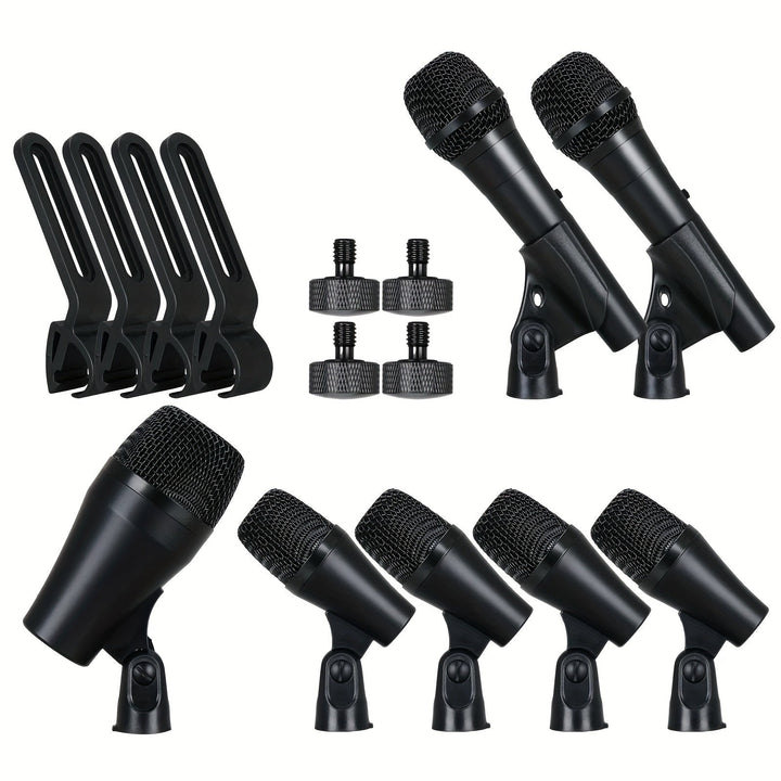 Kit de Micrófono para Instrumentos de 7 Piezas con Cable para Batería: Micrófono Dinámico para Caña, Bajo, Tom, Platillo y Placa de Tambor para Uso en Baterías, Bandas Vocales, DJ, Escenario y Grabación Instrumental en Vivo