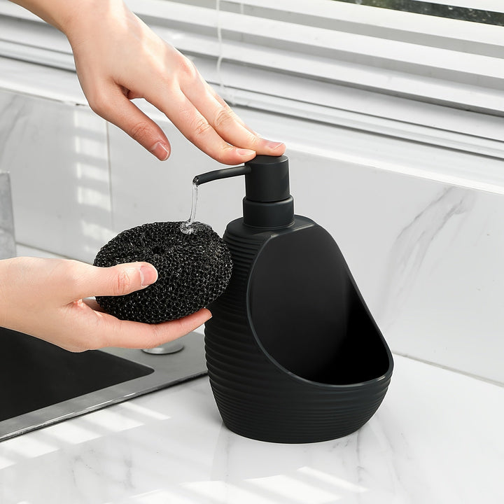 2 en 1, dispensador de jabón de cocina moderno negro y blanco con soporte para esponja - Diseño de onda elegante, jabón líquido reutilizable o, decoración de baño o cocina que ahorra espacio, dispensador de jabón de cocina
